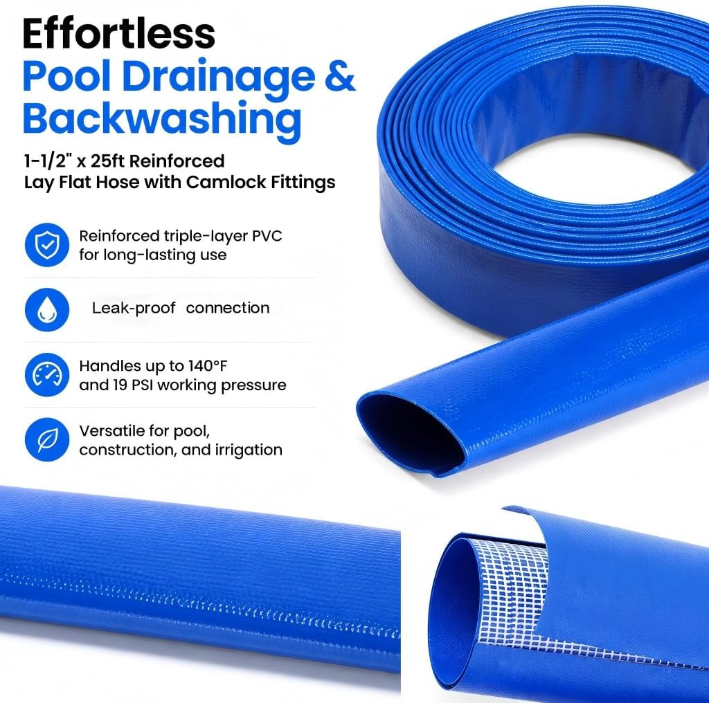 Pool Backwash Drain Hose Lay Flat Discharge Hose 1-1/2" x 25ft Reinforced Drain Pipe with Camlock Fittings for Pump Pool Drainage Includes 125F Adapter and Stainless Steel Clamp