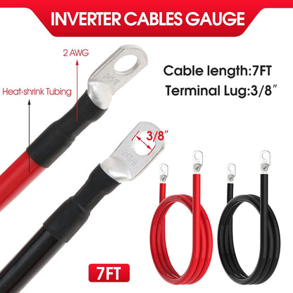 2 AWG Battery Cable 2AWG Gauge Battery Inverter Cables with 3/8 in Lugs Pure Copper Power Inverter Wire Set for Solar Marine Boat RV Car Motorcycle 2pcs (7FT)