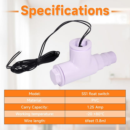 SS1 Float Switch Condensate Overflow Switch with 3/4 Inch Adaptor and 6FT Wire for HVAC Drain Pan Condensate for condensate Overflow Detection (4Pack)