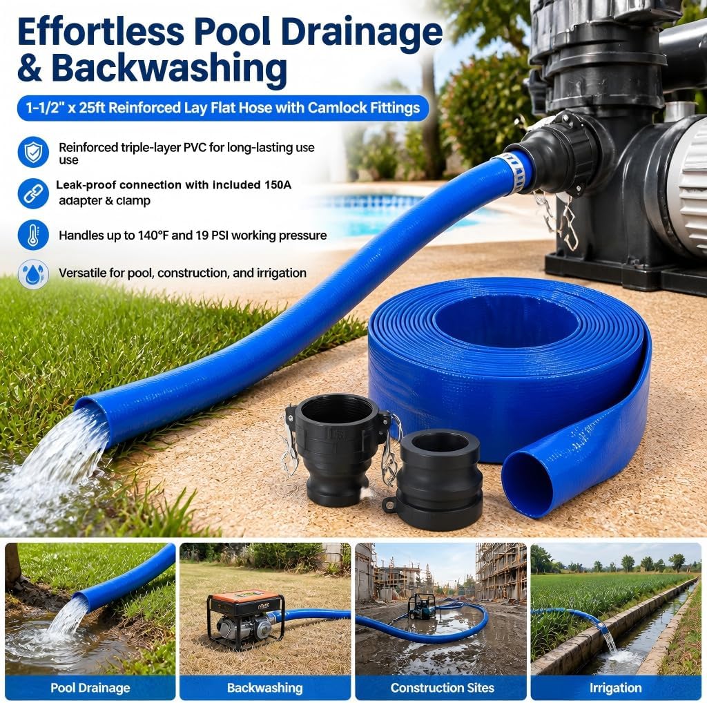 Pool Backwash Drain Hose Lay Flat Discharge Hose 1-1/2" x 25ft Reinforced Drain Pipe with Camlock Fittings for Pump Pool Drainage Includes 150A Adapter and Stainless Steel Clamp
