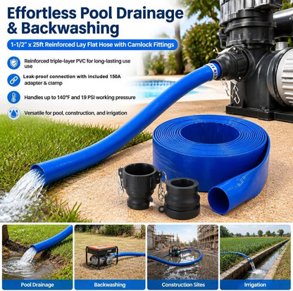Pool Backwash Drain Hose Lay Flat Discharge Hose 1-1/2" x 25ft Reinforced Drain Pipe with Camlock Fittings for Pump Pool Drainage Includes 150A Adapter and Stainless Steel Clamp