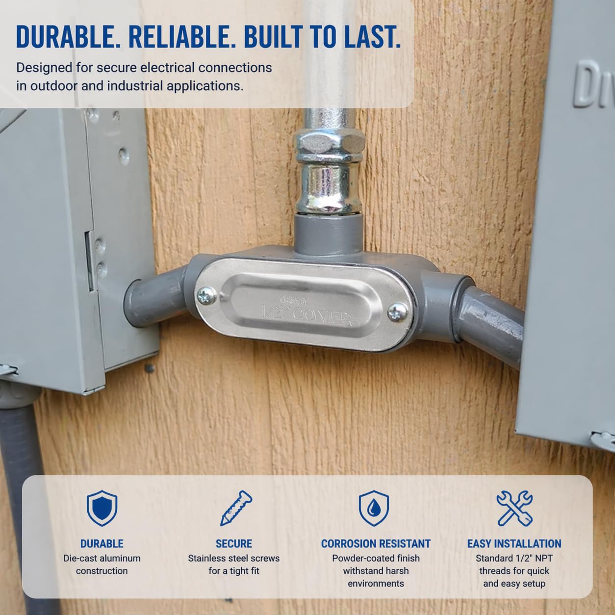 4 Pack 3/4 Inch T-Type Threaded Conduit Body, Die Cast Aluminum Electrical Junction Box with Stamped Steel Cover