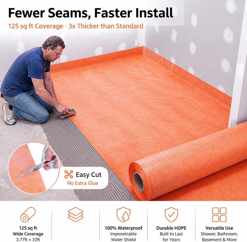 Waterproof Shower Membrane 324 Sq Ft (3.8ft x 87ft) - 20mil Tile Underlayment with 4pcs Inside/Outside Corners, Waterproof Barrier for Bathroom, Sauna, Shower Walls & Floors