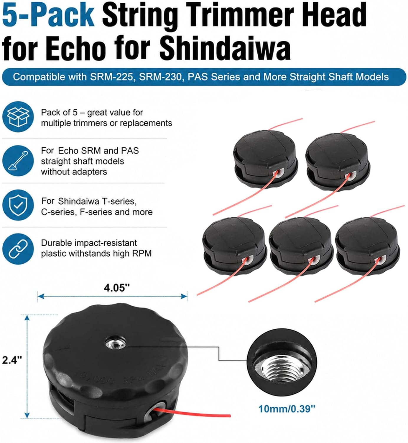 Trimmer Head for Echo Weed Eater PAS210 PAS211 PAS225 PAS230 for Echo Speed Feed 400 SRM210 SRM211 SRM225 SRM230 for SHINDAIWA C230 C242 C2510 5PCS