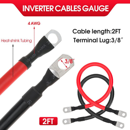 4 AWG Battery Cable 4AWG Gauge Pure Copper Battery Inverter Cables with 3/8 in Lugs Both Ends Power Inverter Wire Set for Automotive Solar Marine Boat RV Car Motorcycle Red and Black (2FT)