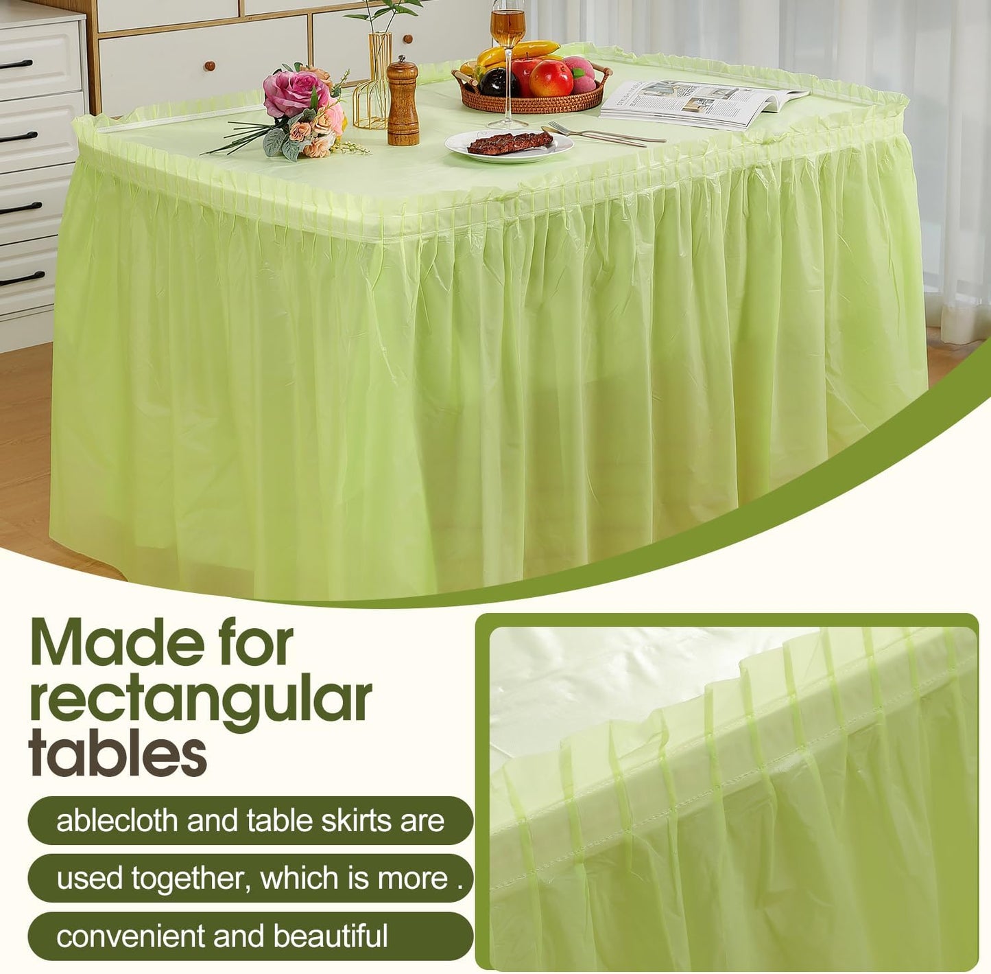5 Pack Plastic Table Skirts and Cloths for Rectangle Tables, 14 Ft Blue Tableskirts and 54" x 108" Tablecloths, Disposable Tablecloth Skirt Covers for Party (Fruit Green)