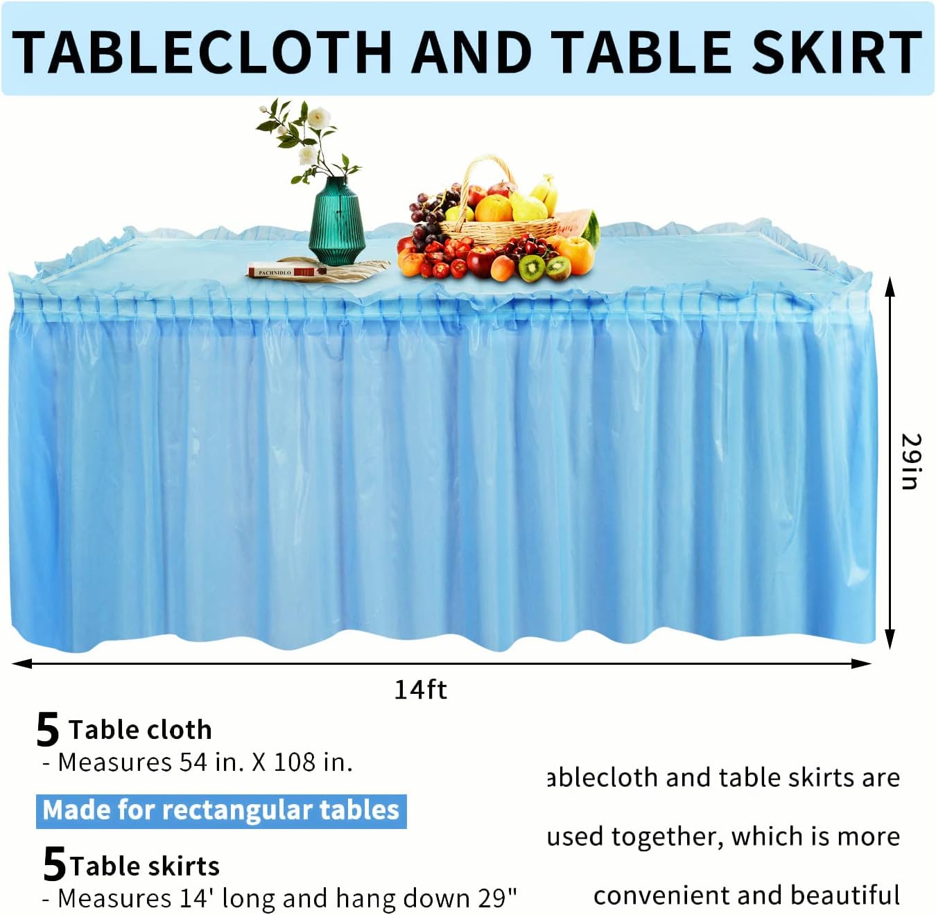 Frtzal 5 Pack Plastic Table Skirts & Cloths - Rectangle Tables, 54" x 108", Blue, Party, Birthday, Baby Shower