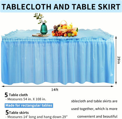 Frtzal 5 Pack Plastic Table Skirts & Cloths - Rectangle Tables, 54" x 108", Blue, Party, Birthday, Baby Shower