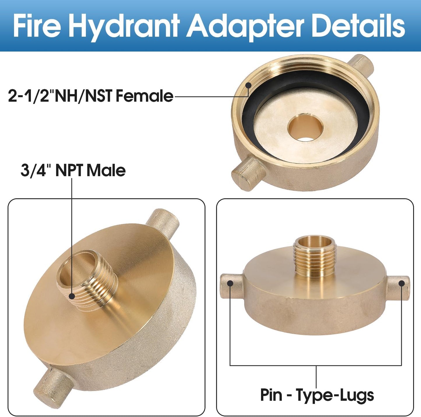 2-1/2" NST (NH) Female x 3/4" GHT Male Fire Hydrant Hose Adapter Brass Fire Equipment with Pin Lug for Fire Hydrants, Pipes, Hoses
