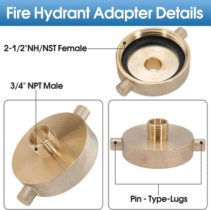 2 PCS 2-1/2" NST (NH) Female x 3/4" GHT Male Fire Hydrant Hose Adapter Brass Fire Equipment with Pin Lug for Fire Hydrants, Pipes, Hoses