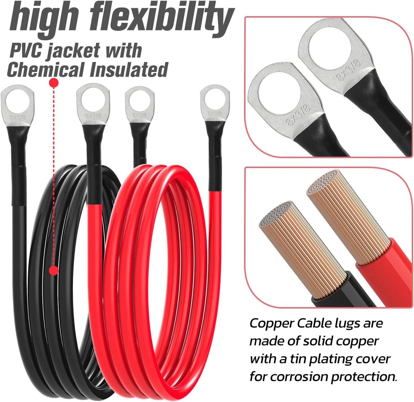 8 AWG Battery Cable 8AWG Gauge Battery Inverter Cables for Automotive Solar Marine Boat RV Car Motorcycle (8 AWG, 4FT, 3/8")