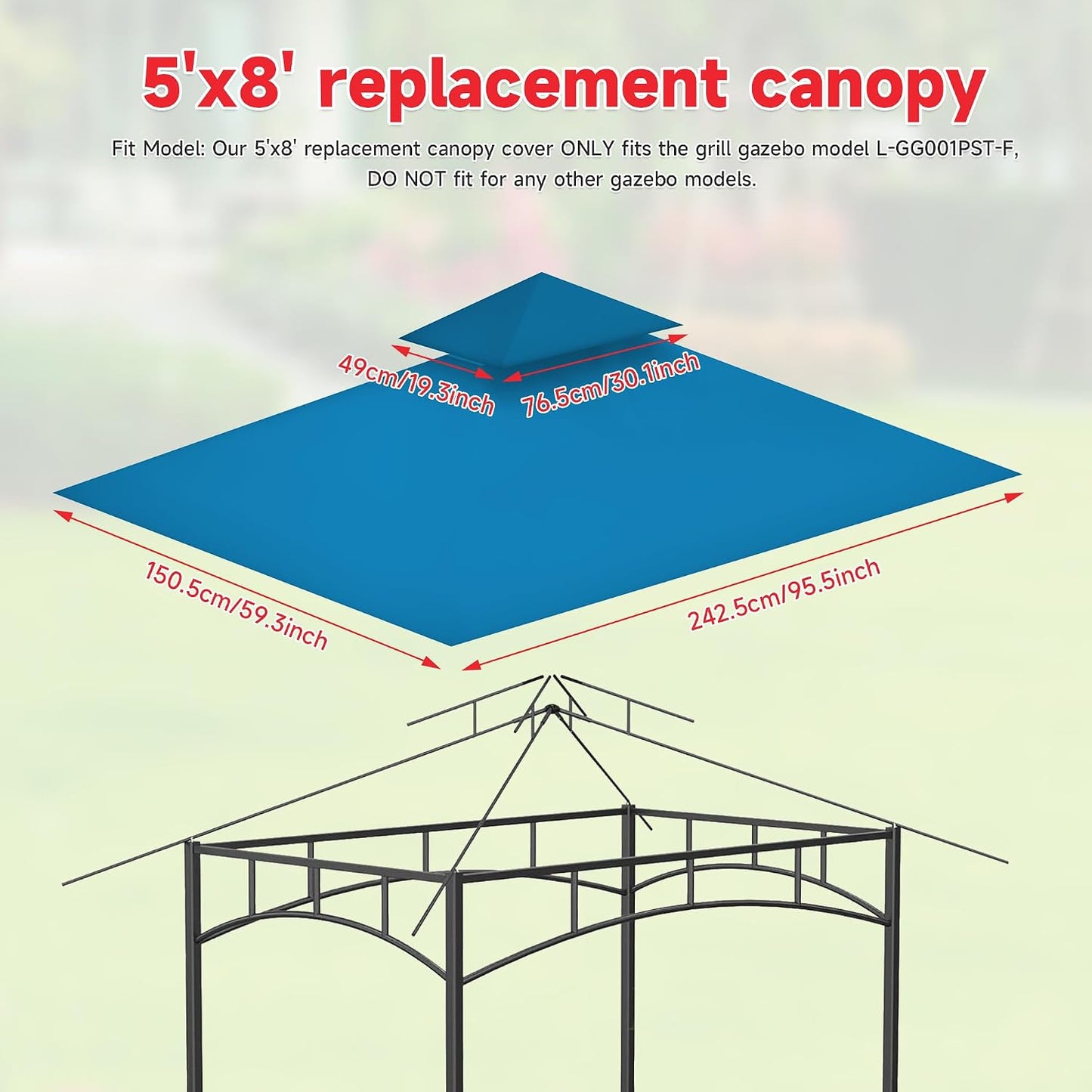Grill Gazebo Replacement Canopy Top Only - 5' x 8' Outdoor BBQ Gazebo Canopy Roof, Waterproof Double Tiered Shelter Cover Fit for L-GG001PST-F