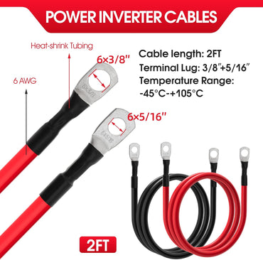 6 AWG Battery Cables 6 Gauge Power Inverter Cables with 3/8 Inch and 5/16 Inch Lugs Each End for Solar Marine RV Car SUV Truck Tractor Motorcycle 2pcs (2FT, 6 AWG)