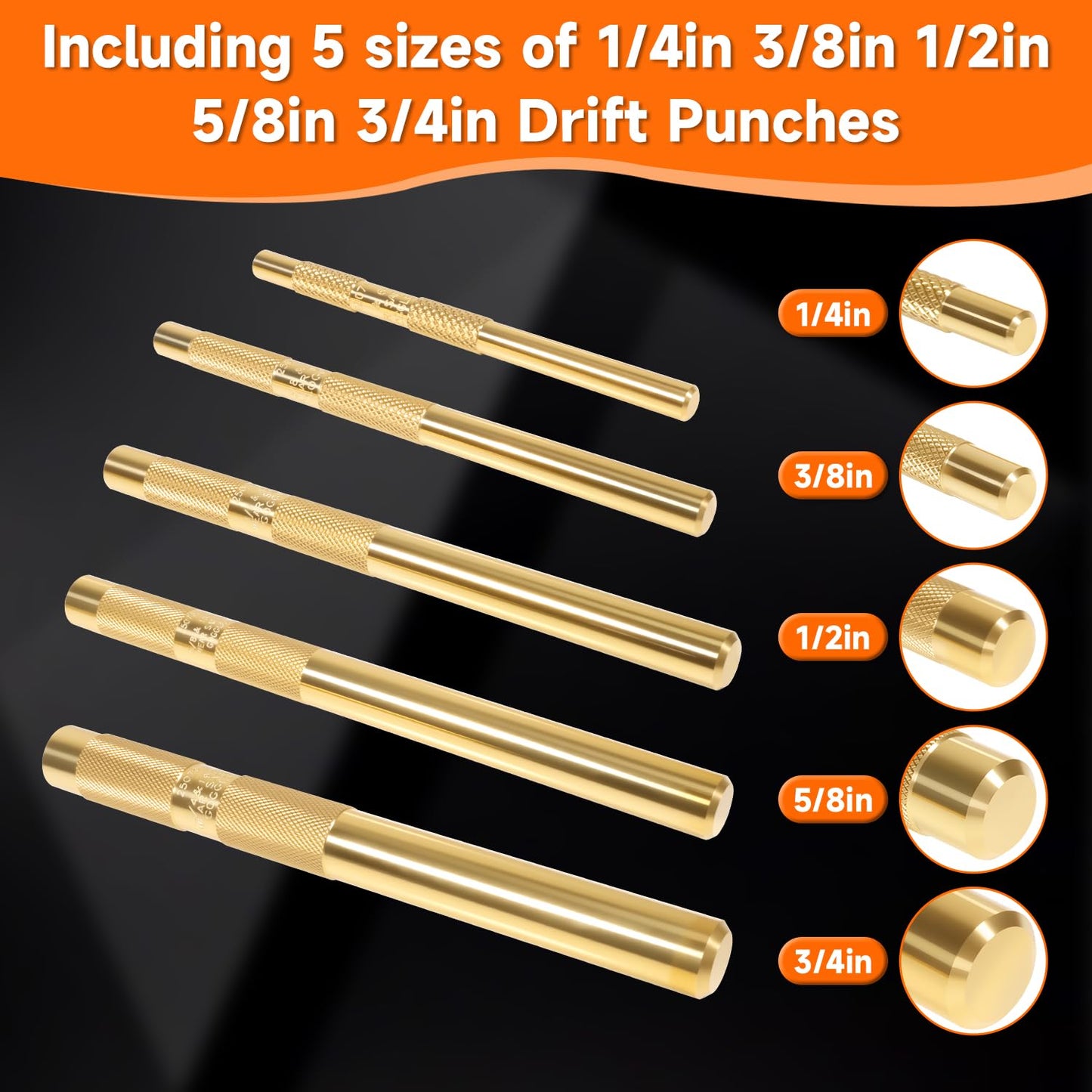 Brass Drift Punch Set 1/4'' 3/8'' 1/2'' 5/8'' 3/4'' 5 Pcs Hand Punches Tool 1/4-Inch 3/8-Inch 1/2-Inch 5/8-Inch 3/4-Inch Brass Pin Drive Punch Set Replace 67003-MAI 045256670034
