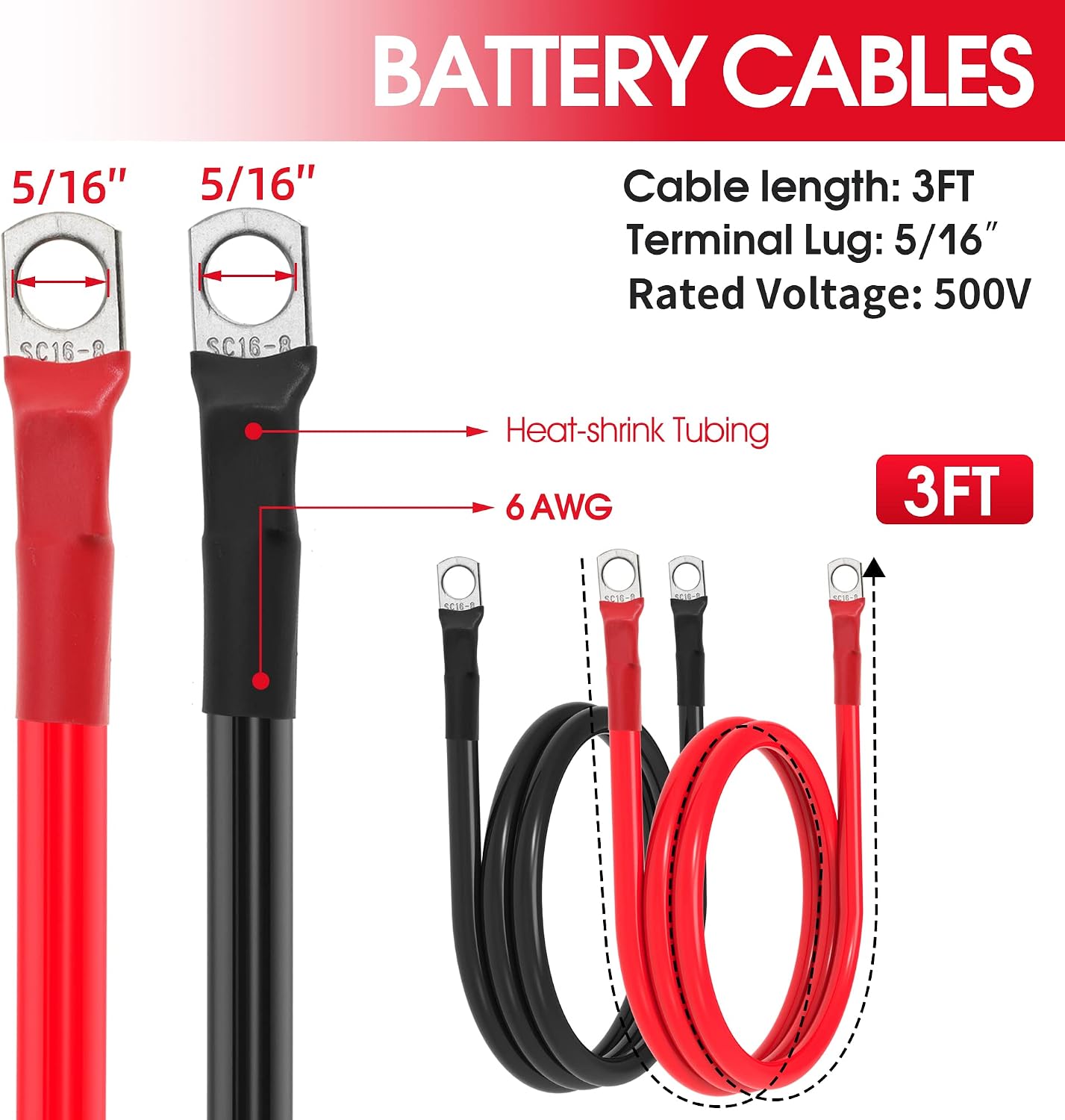 6 AWG Battery Cable 6 Gauge Battery Wires with 5/16 terminals Power Inverter Cables for Solar Boat Marine RV Car (3FT, 1 red +1 black cable)