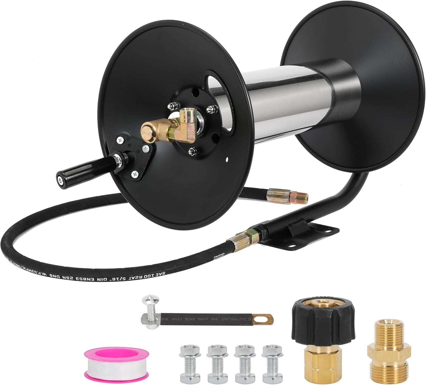 Pressure Washer Hose Reel Power Washer Hose Reel 3/8" NPT Outlet Pipe Heavy Duty Steel High Pressure Washer Reel 4000 PSI with Hand Crank Swivel Arm for Power Washer, 150FT