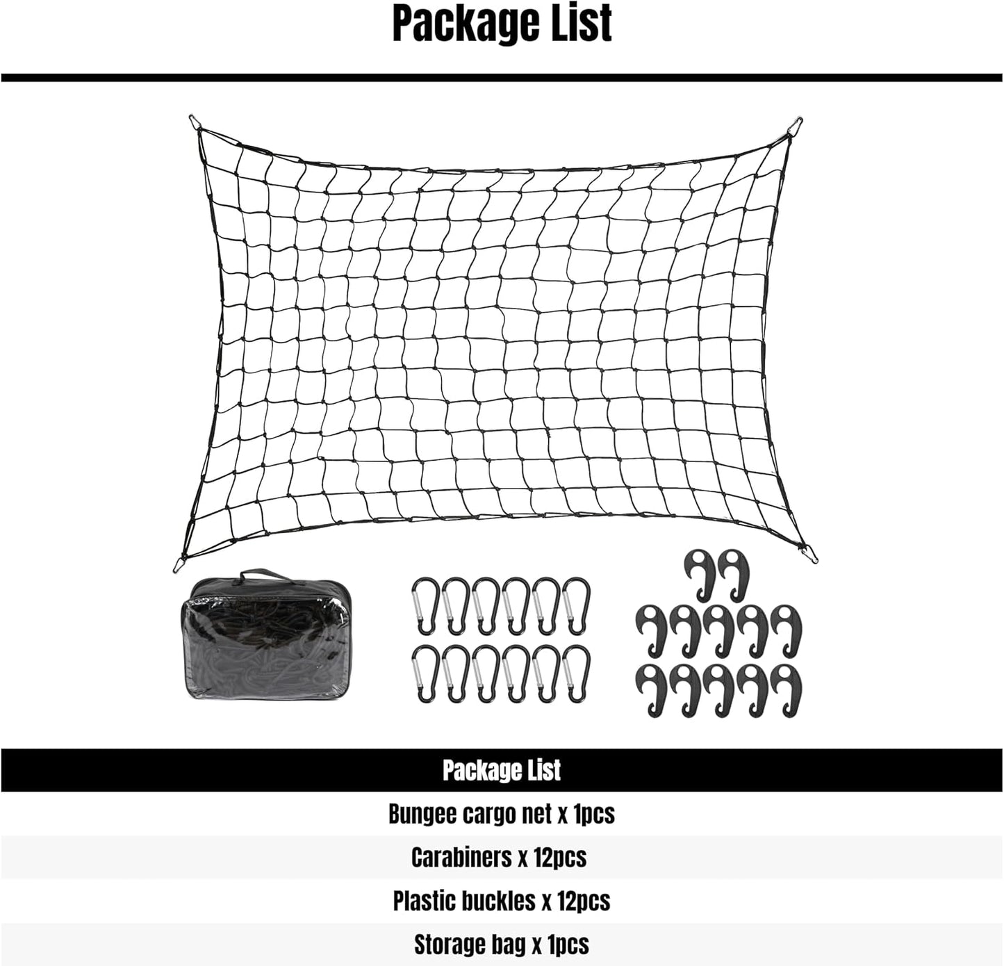 Black Polyester Cargo Net for Truck Bed, 4' x 6' to 10' x 15', Carabiner and Buckle Fasteners