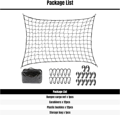 Black Polyester Cargo Net for Truck Bed, 4' x 6' to 10' x 15', Carabiner and Buckle Fasteners