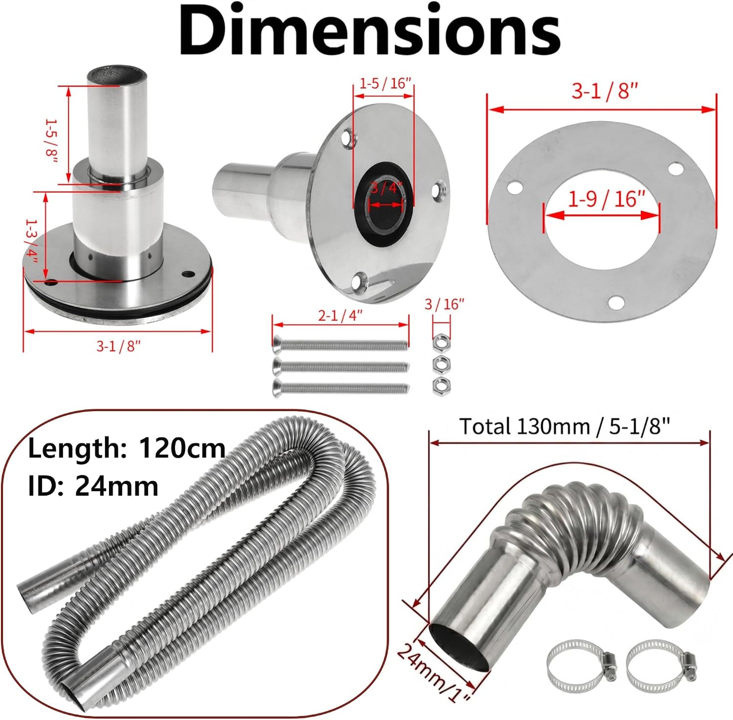 120cm 24mm Exhaust Pipe for Diesel Heater, 1 Inch ID Generator Exhaust Extension with Thru Hull Exhaust Skin and Tube Elbow Connector