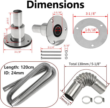 120cm 24mm Exhaust Pipe for Diesel Heater, 1 Inch ID Generator Exhaust Extension with Thru Hull Exhaust Skin and Tube Elbow Connector