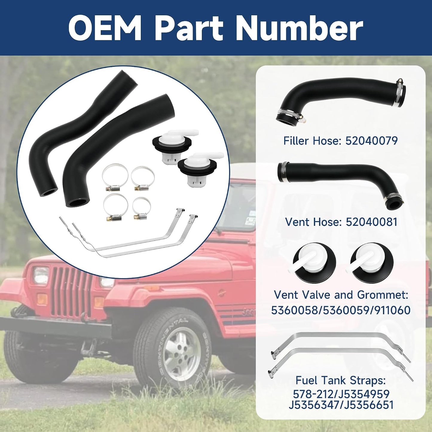 Fuel System Repair Kit- Includes 52040079 52040081 Fuel Filler Hose, Fuel Tank Straps and Vent Valve and Grommet for Jeep Wrangler YJ 1987-1995 Gas Tank