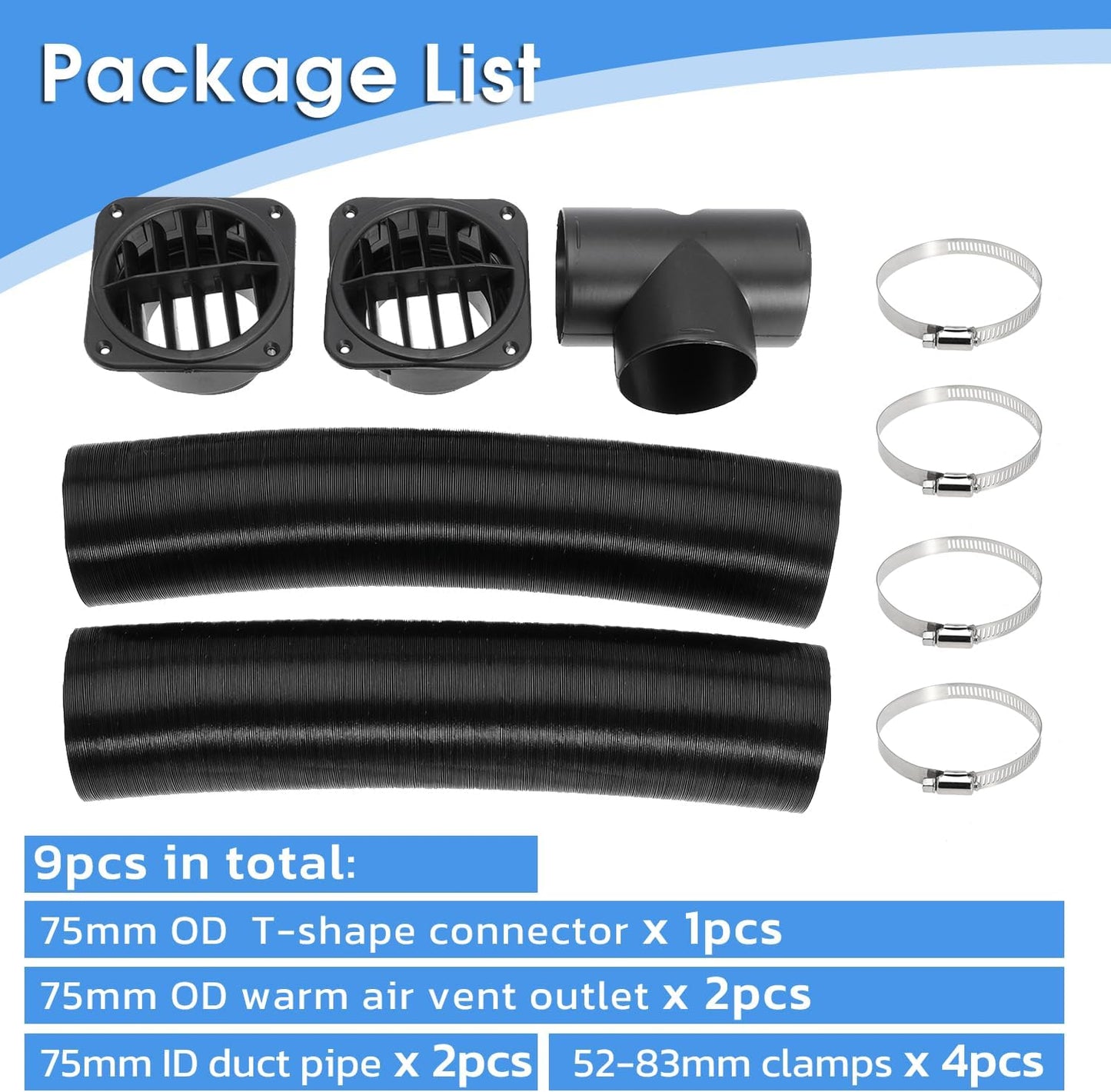 75mm Diesel Heater Pipe Duct Vent Kit with Warm Air Outlet for Webasto for Eberspacher 2KW 5KW 8KW Diesel Parking Heaters (T-shape)