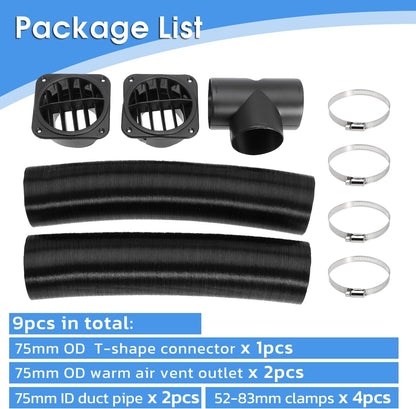 75mm Diesel Heater Pipe Duct Vent Kit with Warm Air Outlet for Webasto for Eberspacher 2KW 5KW 8KW Diesel Parking Heaters (T-shape)