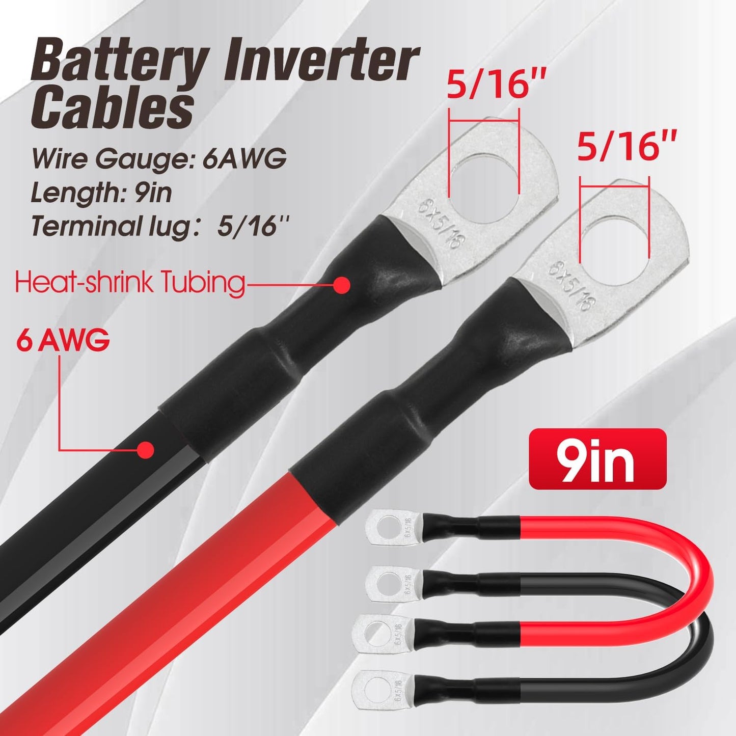 6 AWG Battery Cable 6AWG Gauge Battery Inverter Cables for Automotive Solar Marine Boat RV Car Motorcycle (6 AWG, 9in, 5/16")