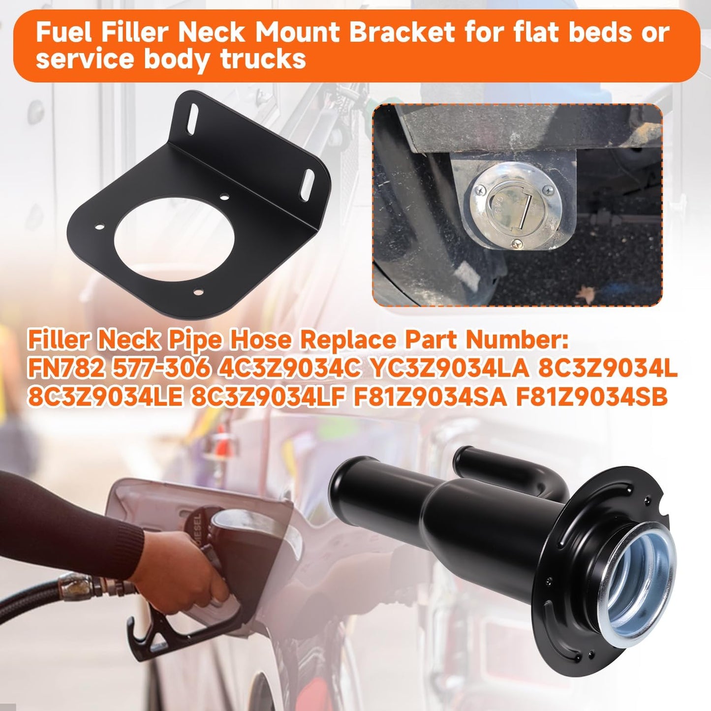 Fuel Tank Filler Neck Pipe Diesel Replace 4C3Z9034C and Fuel Gas Filler Neck Mount for Chevy for GMC for Dodge for Ford Service Body Truck or Flatbed
