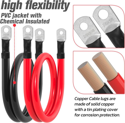 2/0 AWG Battery Cable 2/0AWG Gauge Battery Inverter Cables for Automotive Solar Marine Boat RV Car Motorcycle (2/0 AWG, 3FT, 3/8"+5/16")
