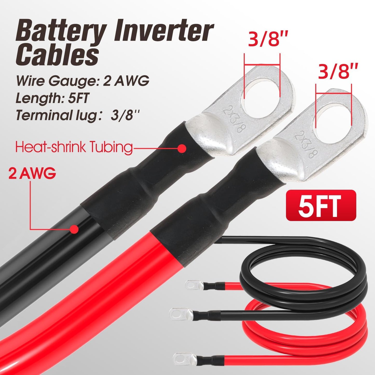 2 AWG Battery Cable 2AWG Gauge Battery Inverter Cables for Automotive Solar Marine Boat RV Car Motorcycle (2 AWG, 5FT, 3/8")