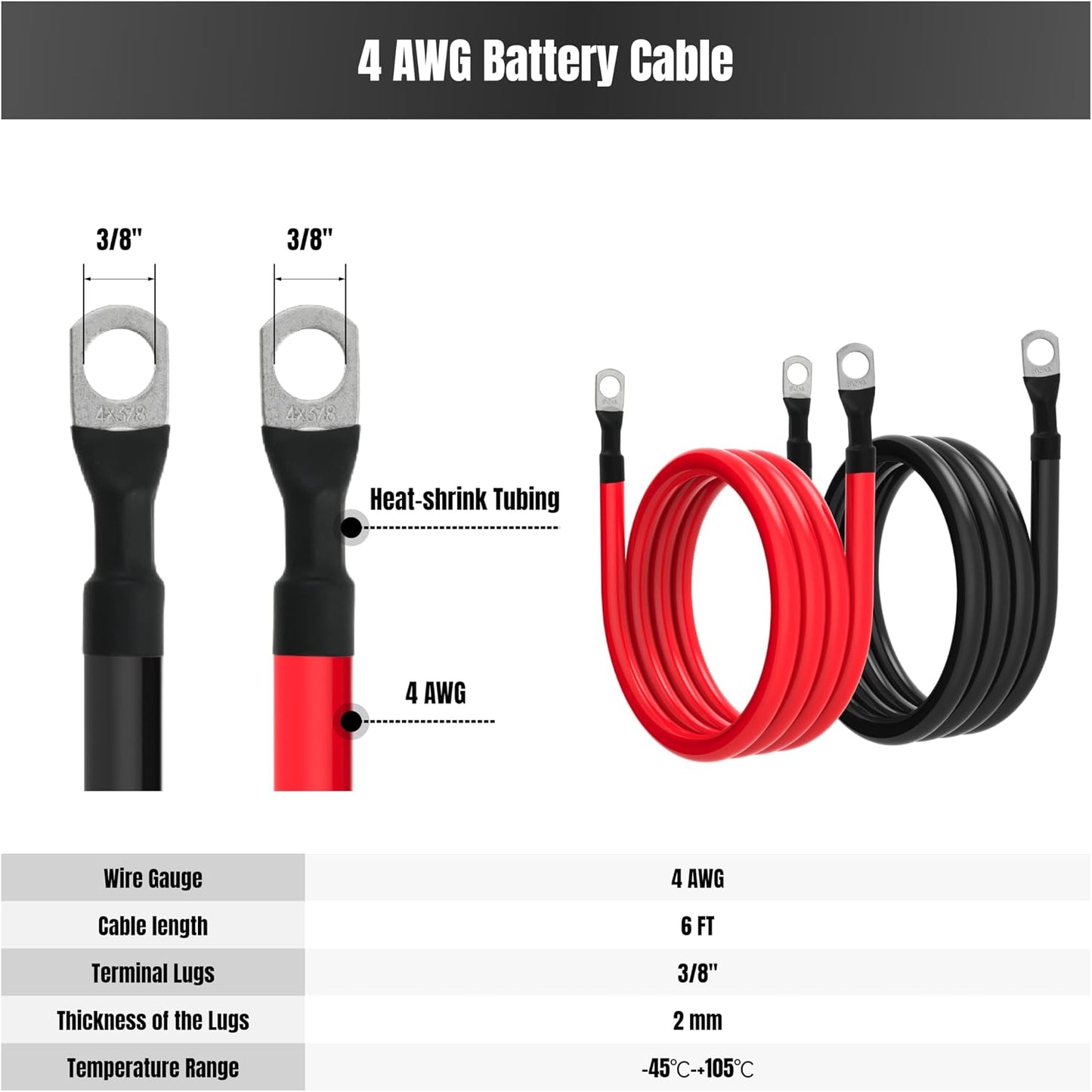 6FT 4 AWG Battery Cable 4 Gauge Battery Cables 4AWG 6 FT Battery Inverter Wires Cables with 3/8 inch Lugs for Solar Power Inverters, RVs, Campers, Travel Trailers, Cars, 2 Pairs