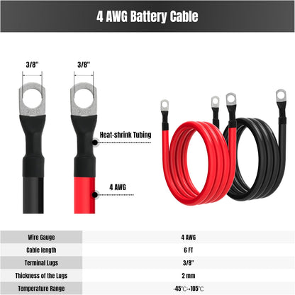 6FT 4 AWG Battery Cable 4 Gauge Battery Cables 4AWG 6 FT Battery Inverter Wires Cables with 3/8 inch Lugs for Solar Power Inverters, RVs, Campers, Travel Trailers, Cars, 2 Pairs