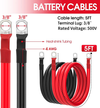 4 AWG Battery Cable 4 Gauge Battery Wires with 3/8 terminals Power Inverter Cables for Solar Boat Marine RV Car (5FT, 1 red+1 black cable)