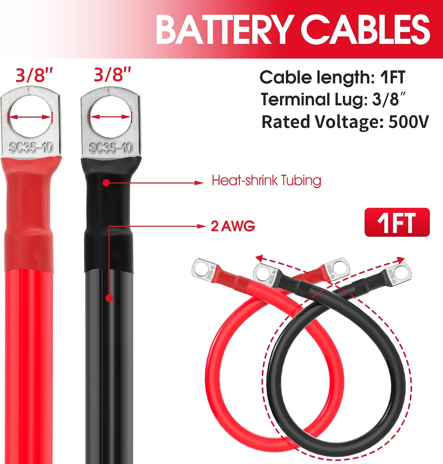 2 AWG Battery Cable 2 Gauge Battery Inverter Cables with 3/8 in Lugs Pure Copper Power Inverter Wire Set for Solar Marine Boat RV Car Motorcycle (1FT, 1 red +1 black cable)