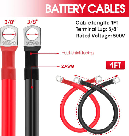 2 AWG Battery Cable 2 Gauge Battery Inverter Cables with 3/8 in Lugs Pure Copper Power Inverter Wire Set for Solar Marine Boat RV Car Motorcycle (1FT, 1 red +1 black cable)