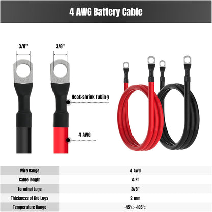 4FT 4 AWG Battery Cable 4 Gauge Battery Cables 4AWG 4 FT Inverter Wires Cables with 3/8 inch Lugs for Solar Power Inverters, RVs, Campers, Travel Trailers, Cars, 2 Pairs