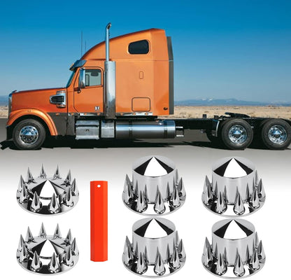 Front and Rear Axle Wheel Cover Hub Cap 33mm Spike Screw-on Lug Nut Covers for Freightliner Kenworth Peterbilt for Semi Truck with Spiked Hub Caps Kit (Spiked)