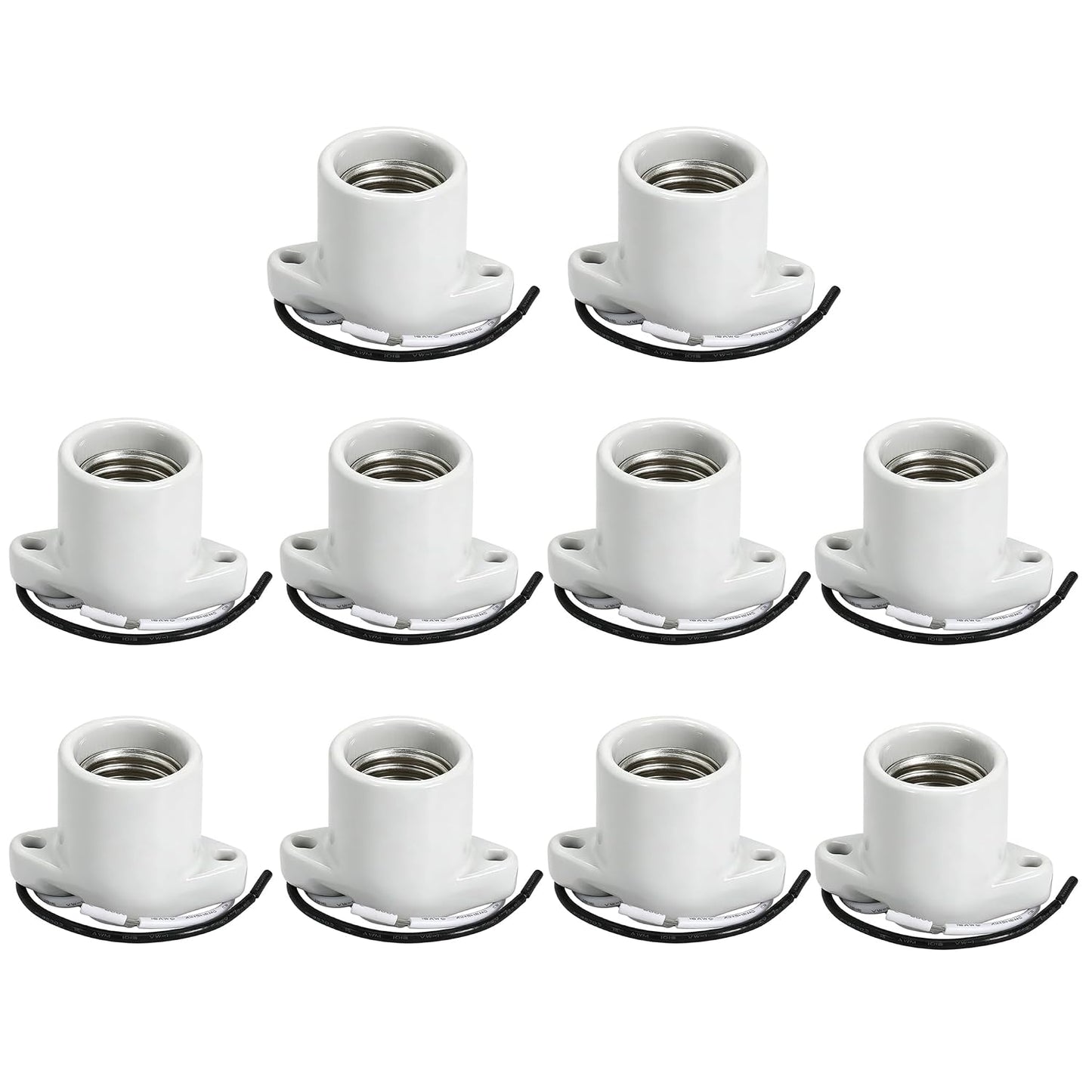 Lamp Holder Light Base Socket Keyless Medium Porcelain Screw Threaded Socket with 6" Leads and Two Hole Flange Mounting for Garage for Closet Lighting (20Pack)