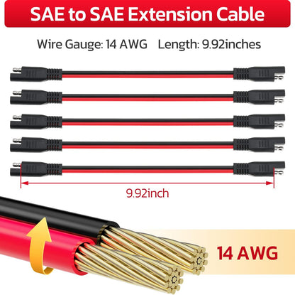 14 AWG SAE to SAE Extension Cable 14 Gauge 2-Pin SAE Connector Extension Cord with Dual Head Plug for Solar Panel Automotive Car Motorcycle 10in