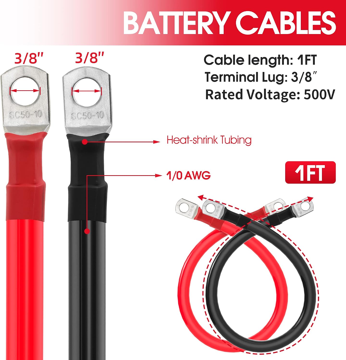 1/0 AWG Gauge Battery Cable 0 Gauge Power Inverter Cables with 3/8 Inch lugs for Solar Marine RV Car Truck Tractor Motorcycle (1FT, with 3/8"+5/16" Top Post Set)