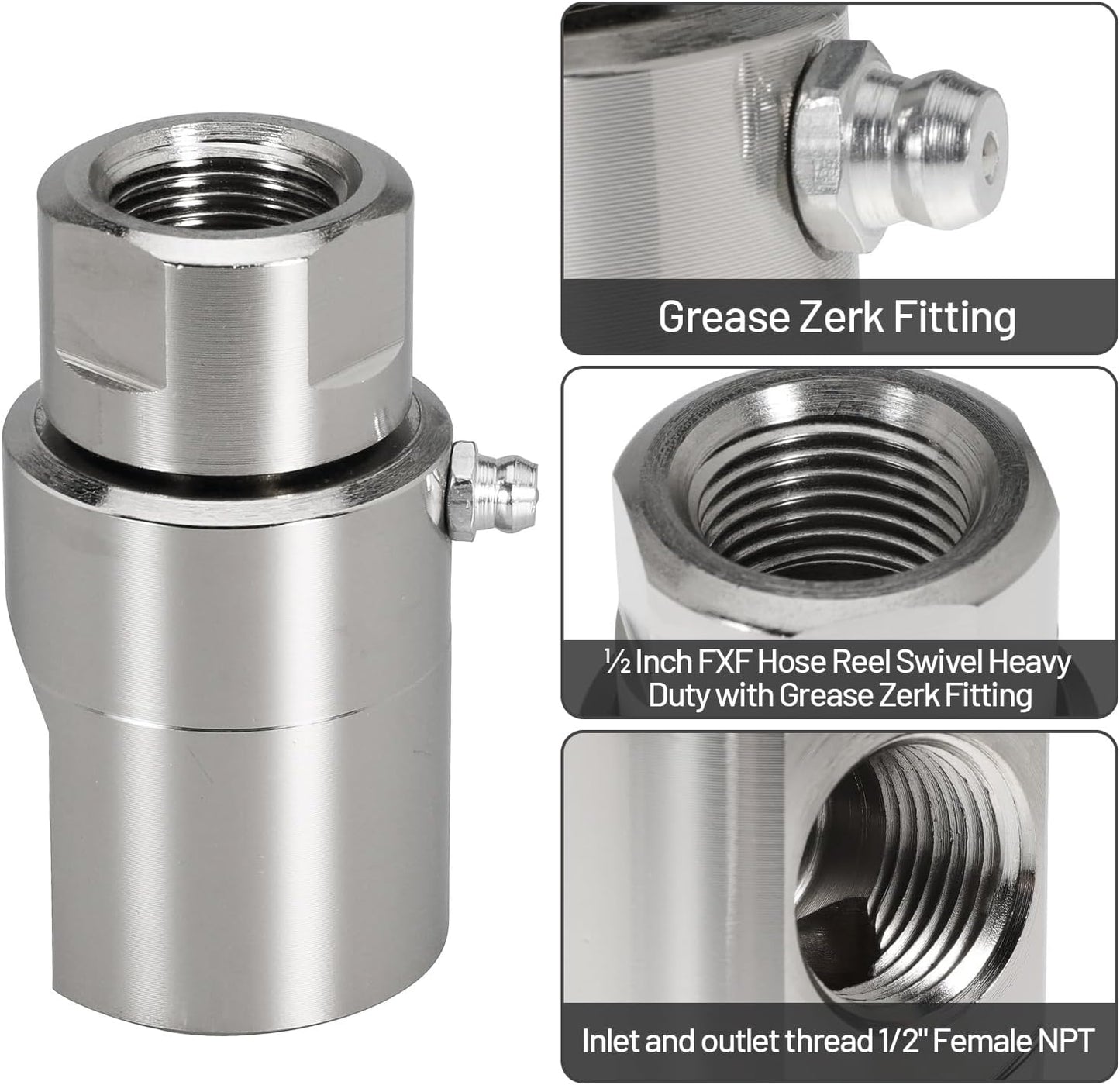 ½ Inch FXF Hose Reel Swivel Heavy Duty with Grease Zerk Fitting for Home and Industrial Steel Swivel Joint Hose Reel Fitting Replace 9SS8MP50XFP50-Ni-AL