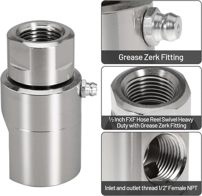 ½ Inch FXF Hose Reel Swivel Heavy Duty with Grease Zerk Fitting for Home and Industrial Steel Swivel Joint Hose Reel Fitting Replace 9SS8MP50XFP50-Ni-AL