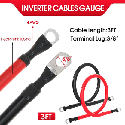 4 AWG Battery Cable 4AWG Gauge Pure Copper Battery Inverter Cables with 3/8 in Lugs Both Ends Power Inverter Wire Set for Automotive Solar Marine Boat RV Car Motorcycle Red and Black (3FT)