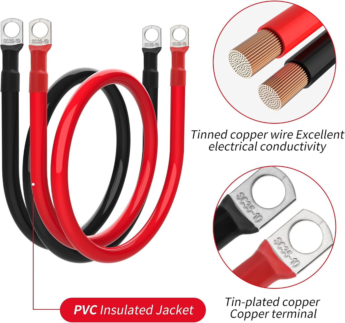 2 AWG Battery Cable 2 Gauge Battery Inverter Cables with 3/8 in Lugs Pure Copper Power Inverter Wire Set for Solar Marine Boat RV Car Motorcycle (3FT, 1 red +1 black cable)