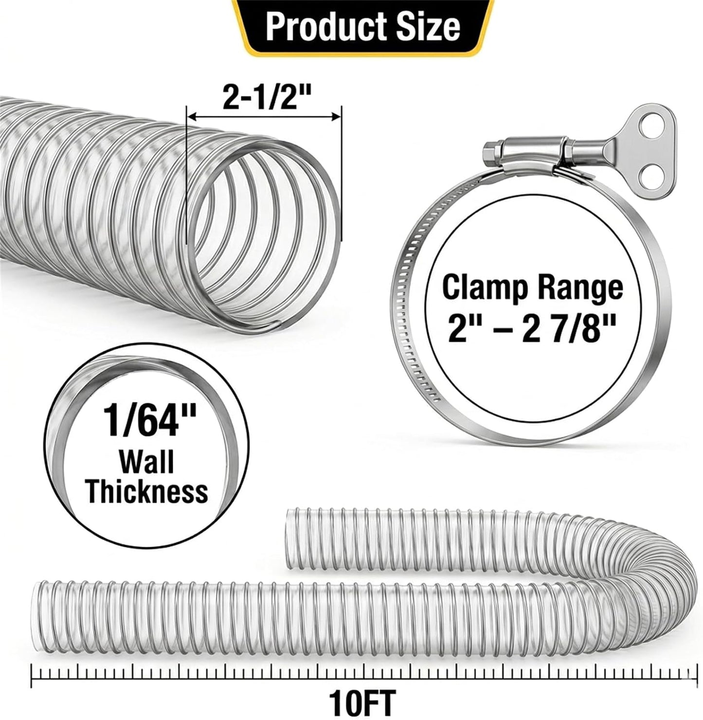 2-1/2" x 10' Heavy Duty Dust Collection Hose, Thickened Clear PVC Flexible Hose with Steel Wire Reinforced, Puncture Resistant for Woodworking Dust Collector System