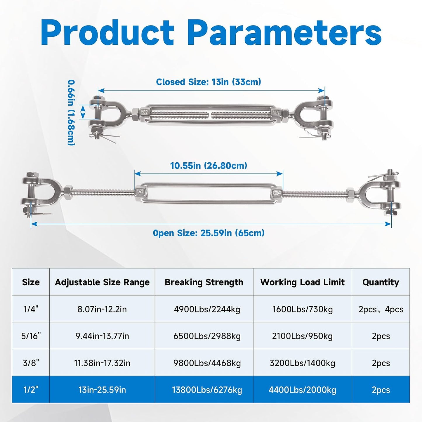 1/2" 304 Stainless Steel Jaw and Jaw Turnbuckle, Adjustable Small Turnbuckle Tensioner, Cable Tensioner, 1140 LBS Working Load Limit, Turnbuckles for Cables Wire Clothesline Shade Sail (M12-1/2-2pcs)