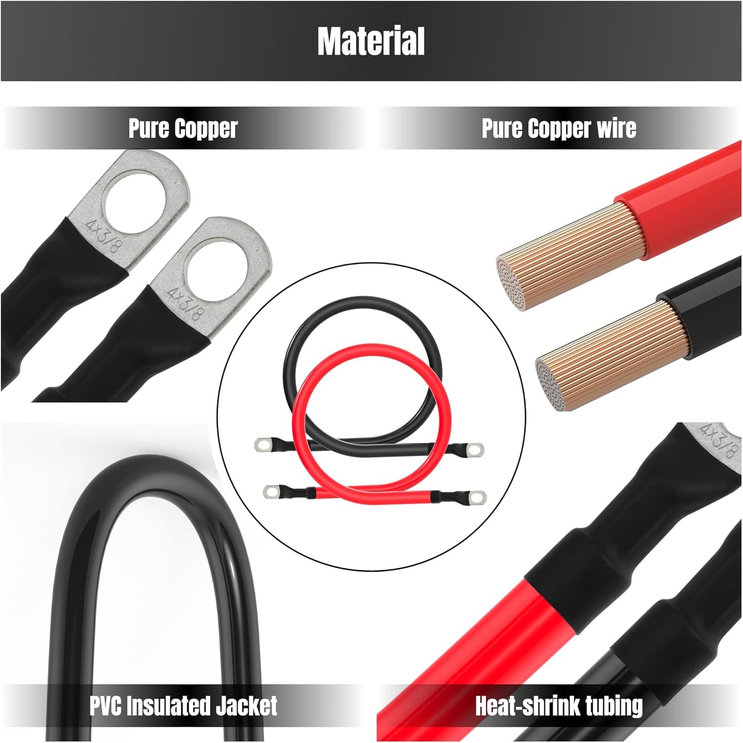 2FT 4 AWG Battery Cable 4 Gauge Battery Cables 4AWG 2 FT Battery Inverter Wires Cables with 3/8 inch Lugs for Solar Power Inverters, RVs, Campers, Travel Trailers, Cars, 2 Pairs