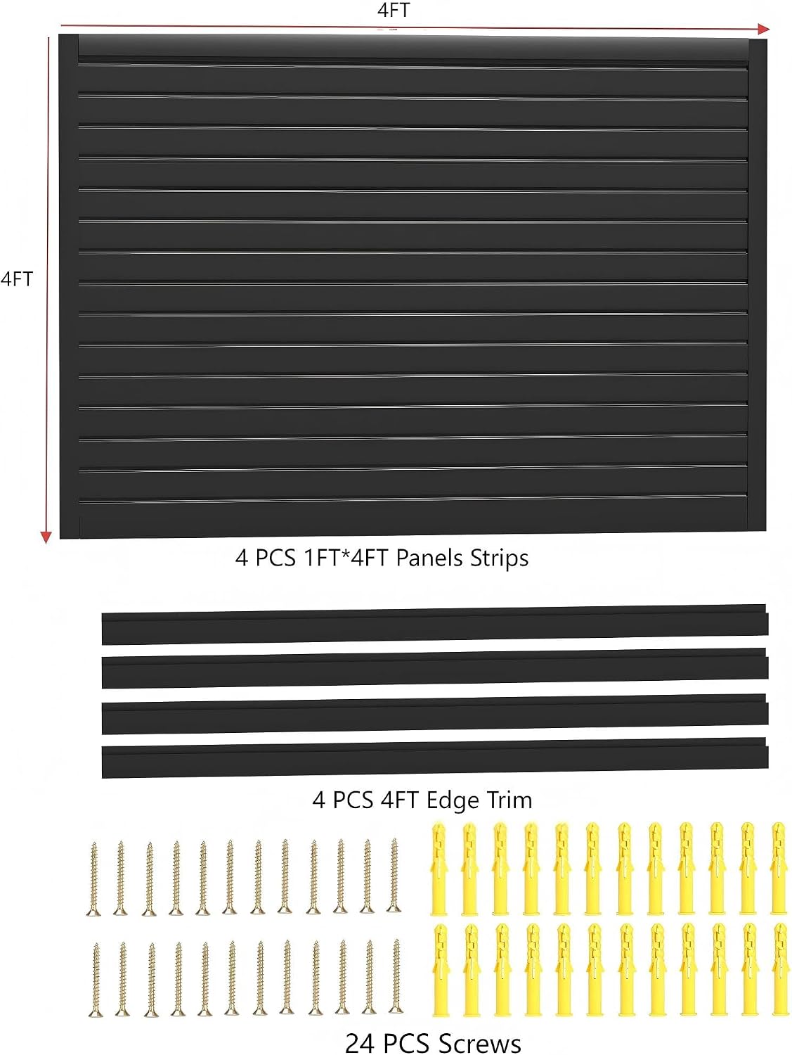 4x4FT Slat Wall Panels Garage Wall Organizer Tool Organizer Slat Board PVC Wall Panels Black Slatwall Garage Storage (Black, 4FTx4FT)