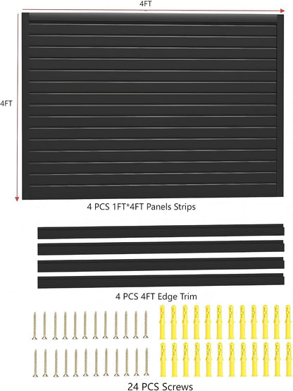 4x4FT Slat Wall Panels Garage Wall Organizer Tool Organizer Slat Board PVC Wall Panels Black Slatwall Garage Storage (Black, 4FTx4FT)